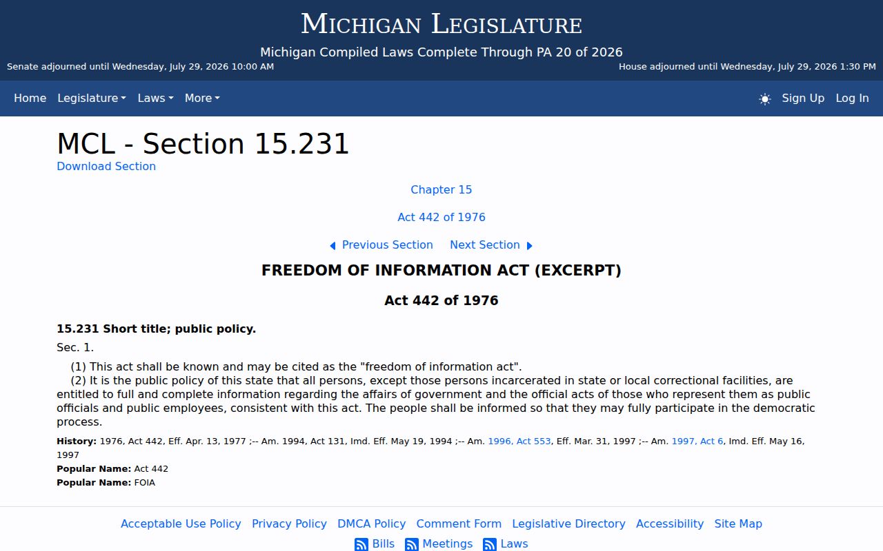 Michigan public access law information relevant to Luce County registry records
