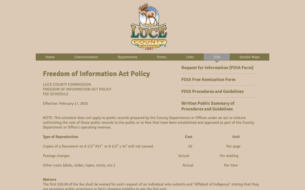 Luce County criminal record FOIA policy and fee schedule